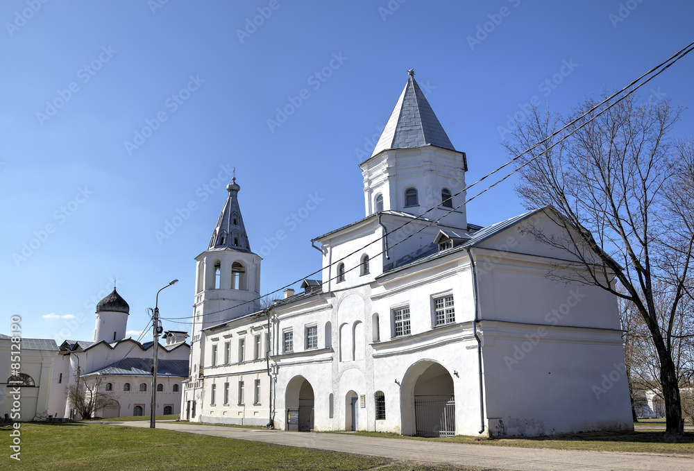Belltower of St. Nicholas Cathedral and The Gate Tower of the Trading Mart. Veliky Novgorod, Russia