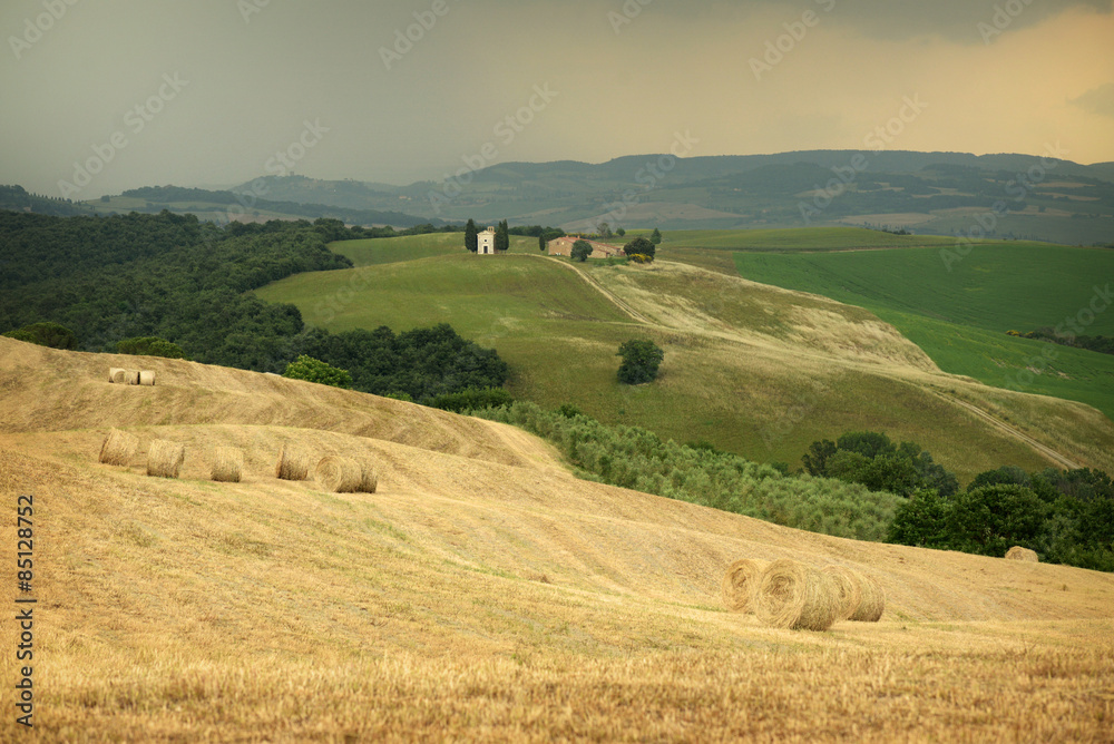 Rolling hills with Cappella di Vitaleta in summer. Val d'Orcia Tuscany