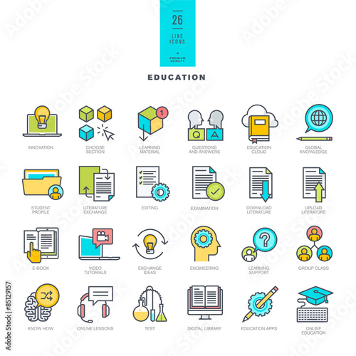 Set of line modern color icons on the theme of education