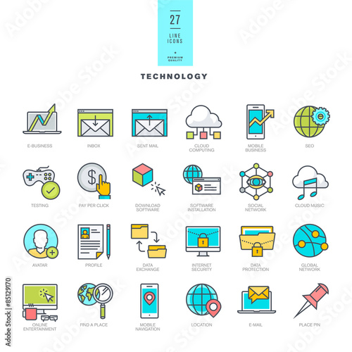 Set of line modern color icons for technology    