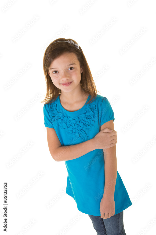 Portrait of a cute school aged little girl isolated on white Portrait of a cute school aged little girl isolated on white