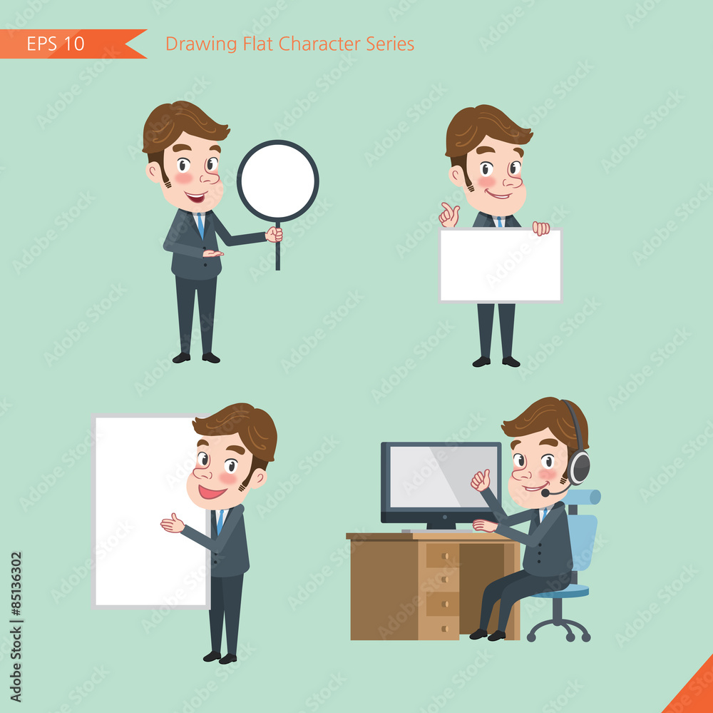 Set of drawing flat character style, business concept young office worker activities - banner, whiteboard, computing, telemarketing, introduction Set of drawing flat character style, business concept young office worker activities - banner, whiteboard, computing, telemarketing, introduction
