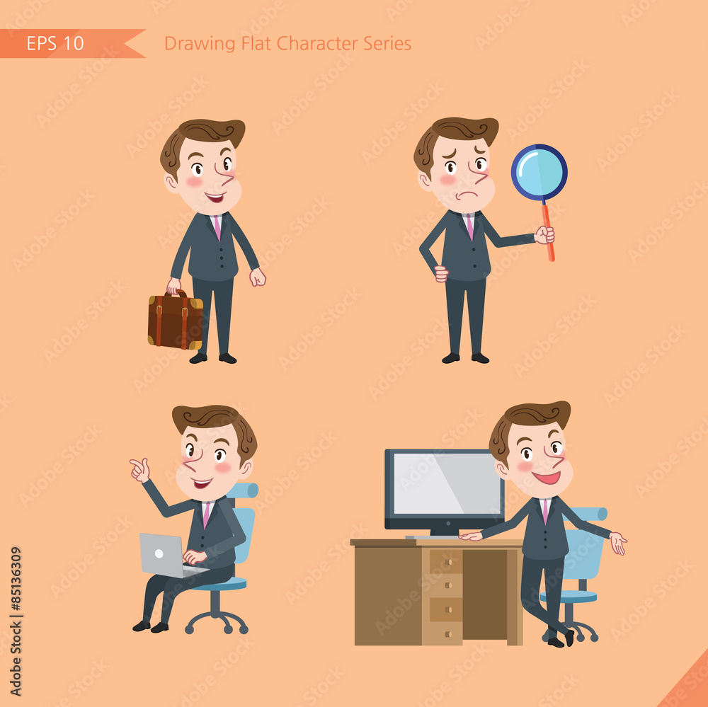 Set of drawing flat character style, business concept  young office worker  activities - businessman, research, office worker, counsel