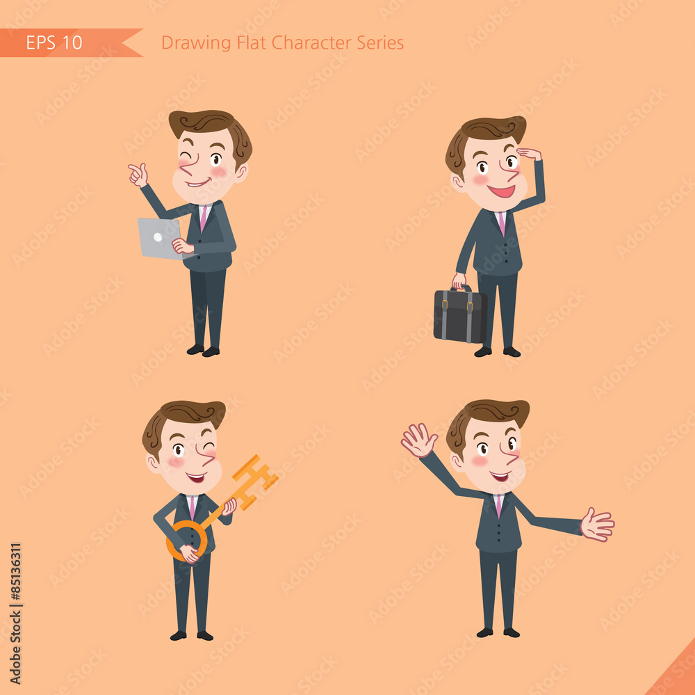 Set of drawing flat character style, business concept  young office worker  activities - introducing, greeting, masterkey, global business