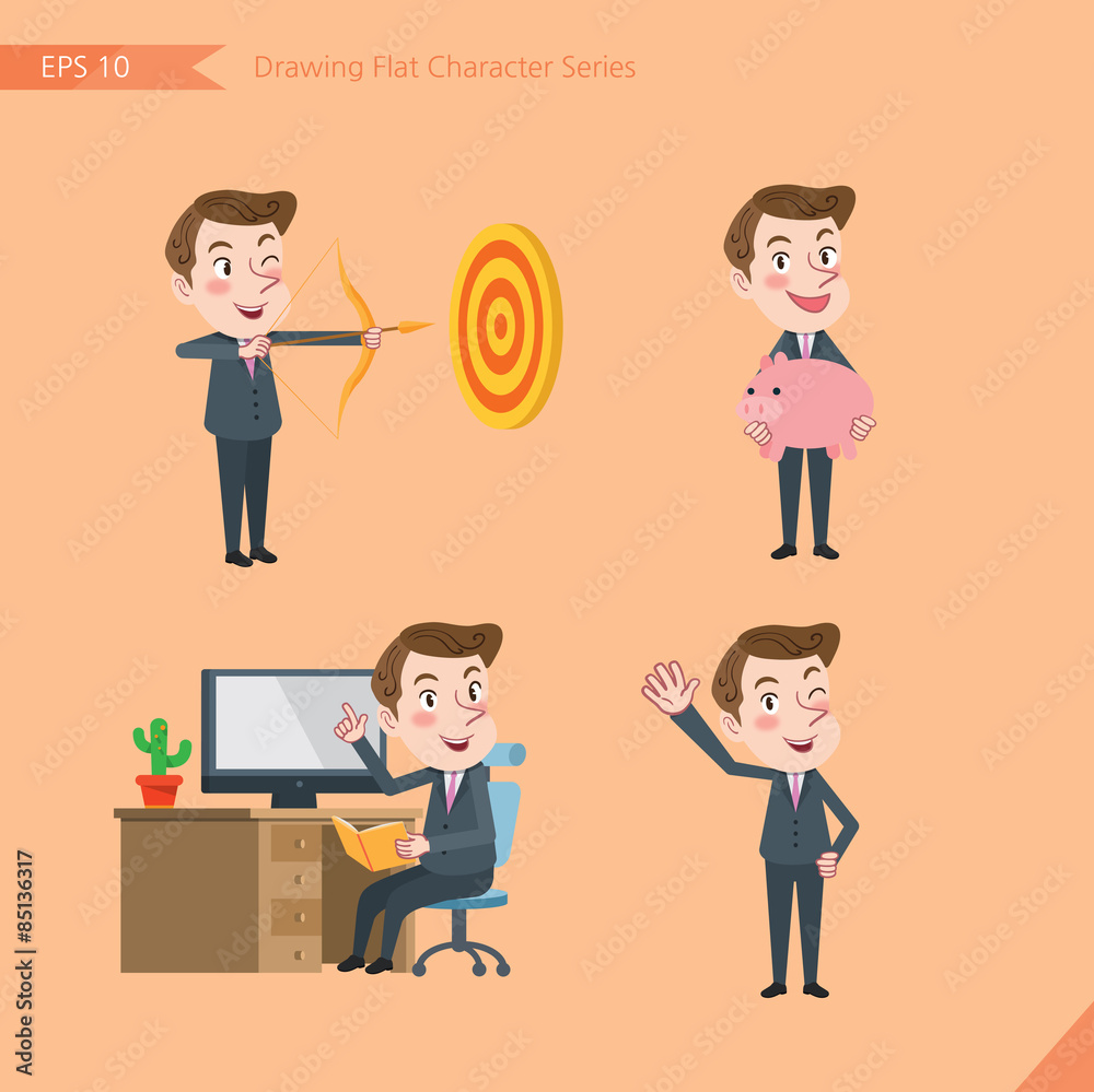 Set of drawing flat character style, business concept young office worker activities - hit, piggy bank, Consulting, farewell Set of drawing flat character style, business concept young office worker activities - hit, piggy bank, Consulting, farewell