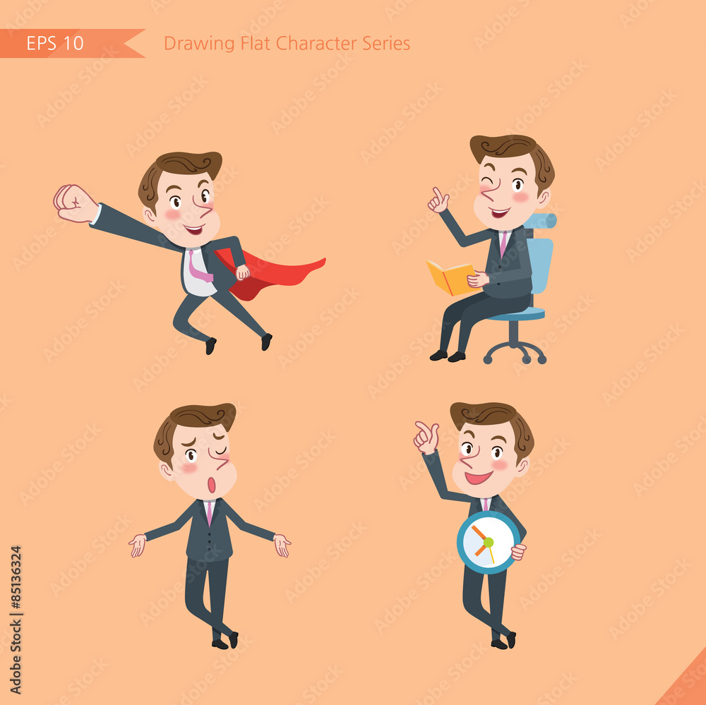 Set of drawing flat character style, business concept  young office worker  activities - business hero, Question,  time management, Knowledge