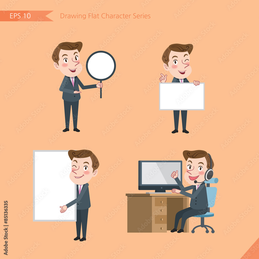 Set of drawing flat character style, business concept young office worker activities - banner, whiteboard, computing, telemarketing, introduction Set of drawing flat character style, business concept young office worker activities - banner, whiteboard, computing, telemarketing, introduction