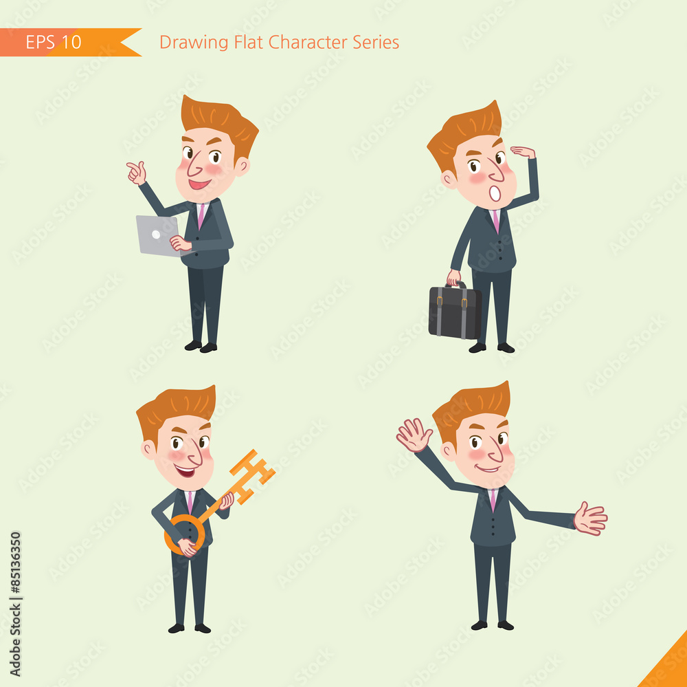 Set of drawing flat character style, business concept young office worker activities - introducing, greeting, masterkey, global business Set of drawing flat character style, business concept young office worker activities - introducing, greeting, masterkey, global business