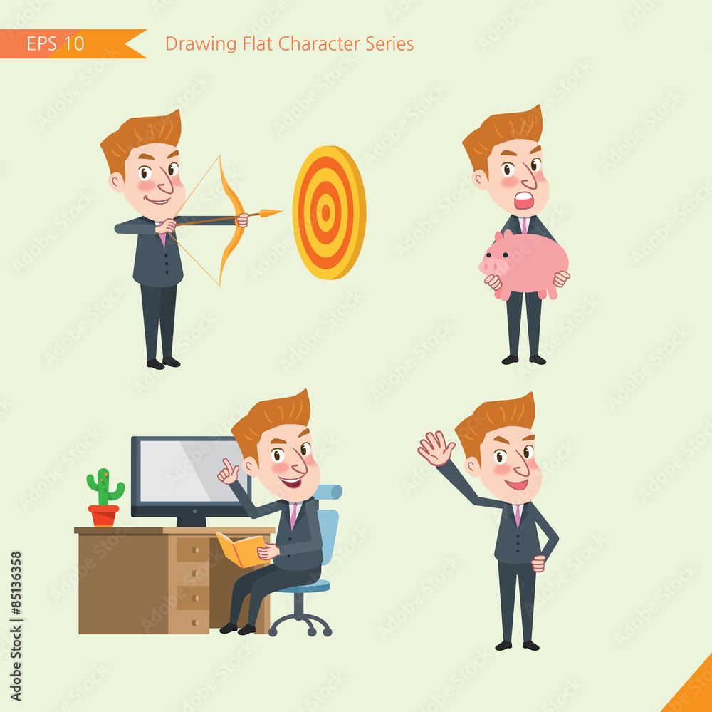 Set of drawing flat character style, business concept young office worker activities - hit, piggy bank, Consulting, farewell Set of drawing flat character style, business concept young office worker activities - hit, piggy bank, Consulting, farewell