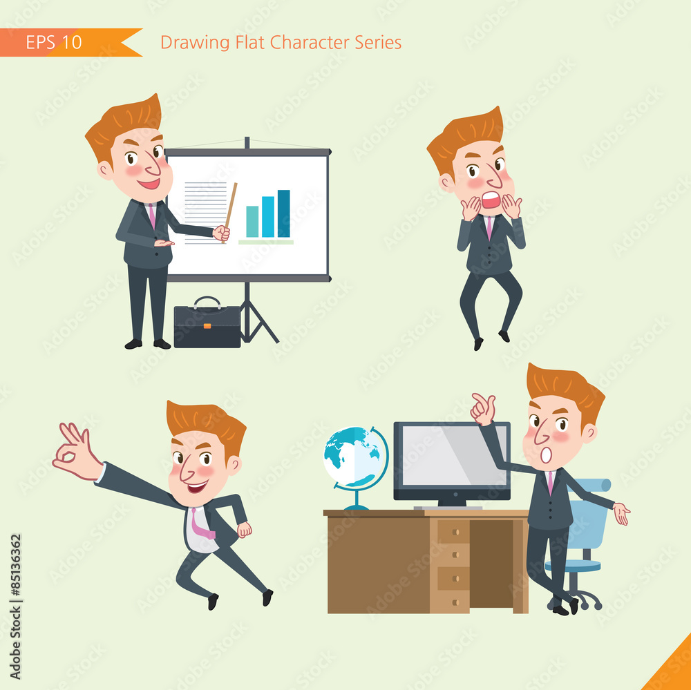 Set of drawing flat character style, business concept young office worker activities - presentation, Surprised, ok sign, troubleshooter Set of drawing flat character style, business concept young office worker activities - presentation, Surprised, ok sign, troubleshooter