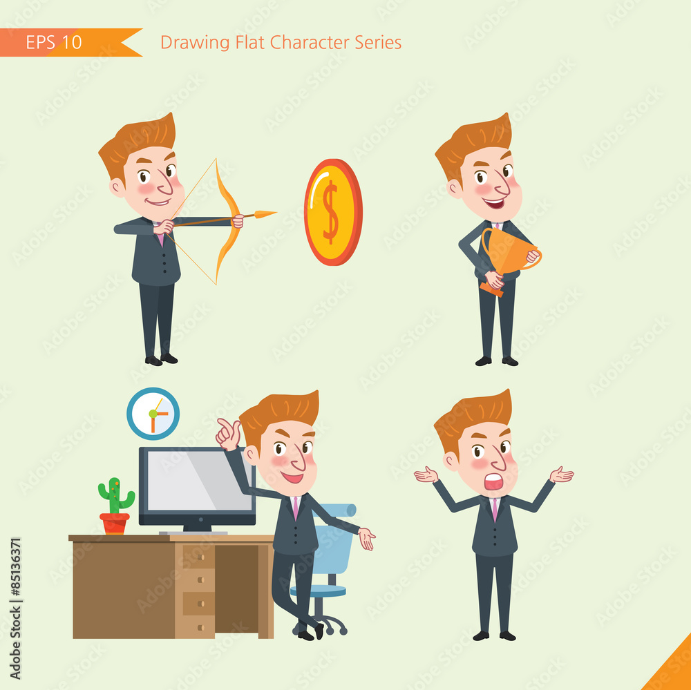 Set of drawing flat character style, business concept young office worker activities - victory, hit, no problem, management, start Set of drawing flat character style, business concept young office worker activities - victory, hit, no problem, management, start