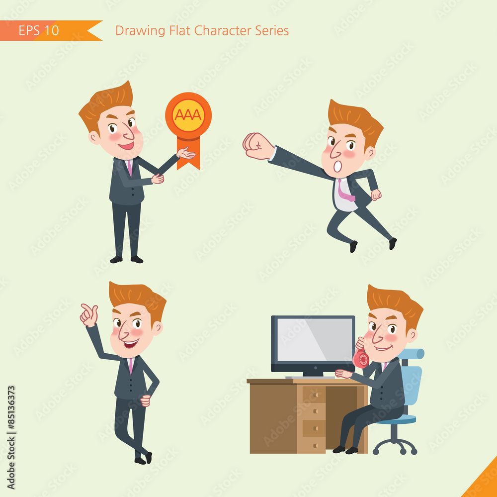 Set of drawing flat character style, business concept  young office worker  activities - victory award, flying, good, calling