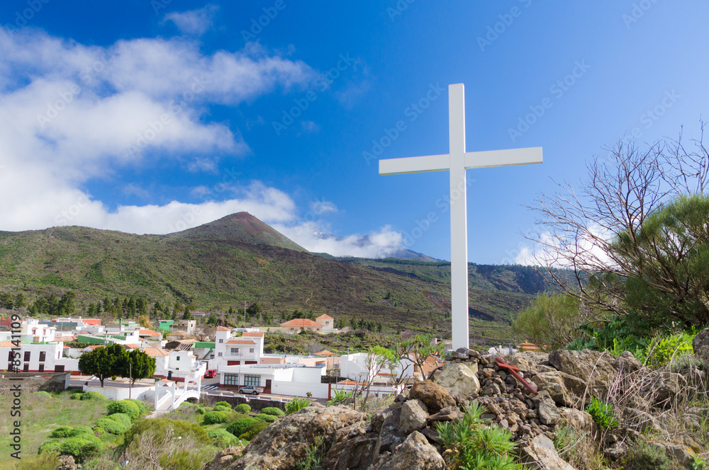 Summer mountain view with white wooden cross Summer mountain view with white wooden cross