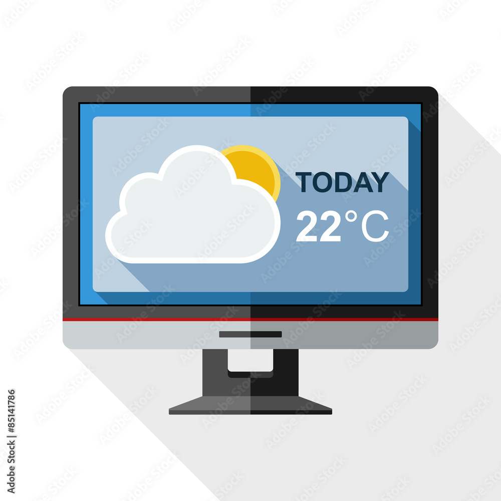 Icon of monitor with weather widget on the screen with long shad Icon of monitor with weather widget on the screen with long shad