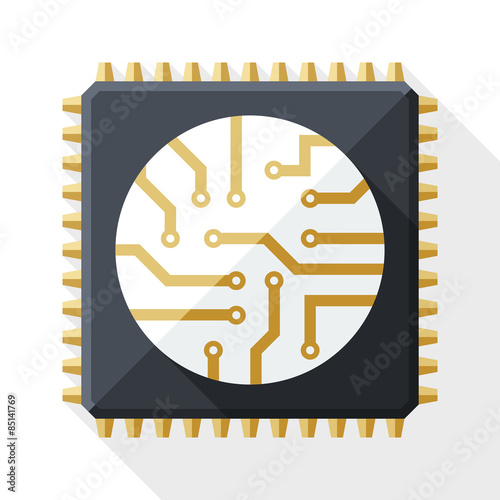 Processor icon with long shadow on white background