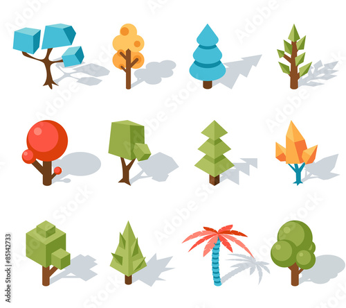 Tree low poly icons, vector isometric 3D