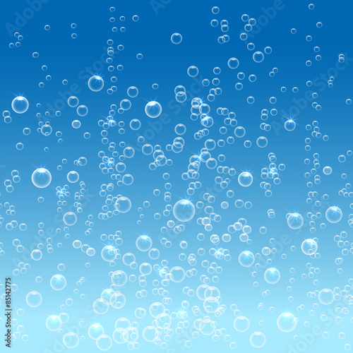 Bubbles in water on blue background horizontal seamless pattern