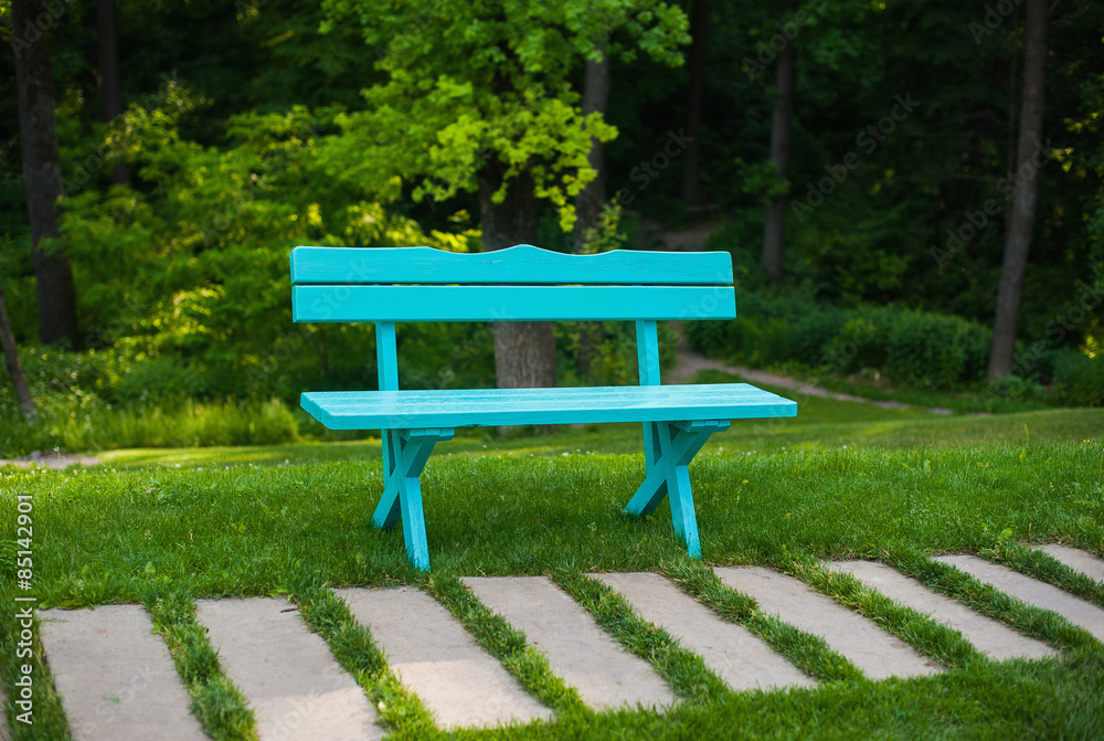 Blue bench in the garden near the track, summer, grass, recreation Blue bench in the garden near the track, summer, grass, recreation