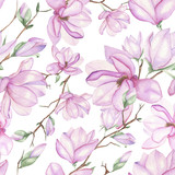 Seamless floral pattern with magnolias painted with watercolors on white background