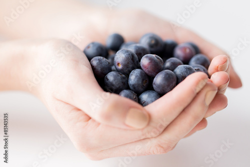 close up of woman hands holding blueberries