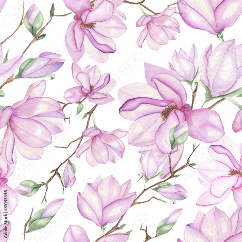 Seamless floral pattern with magnolias painted with watercolors on white background