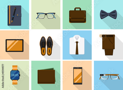 Businessman clothes and gadgets icons in flat style