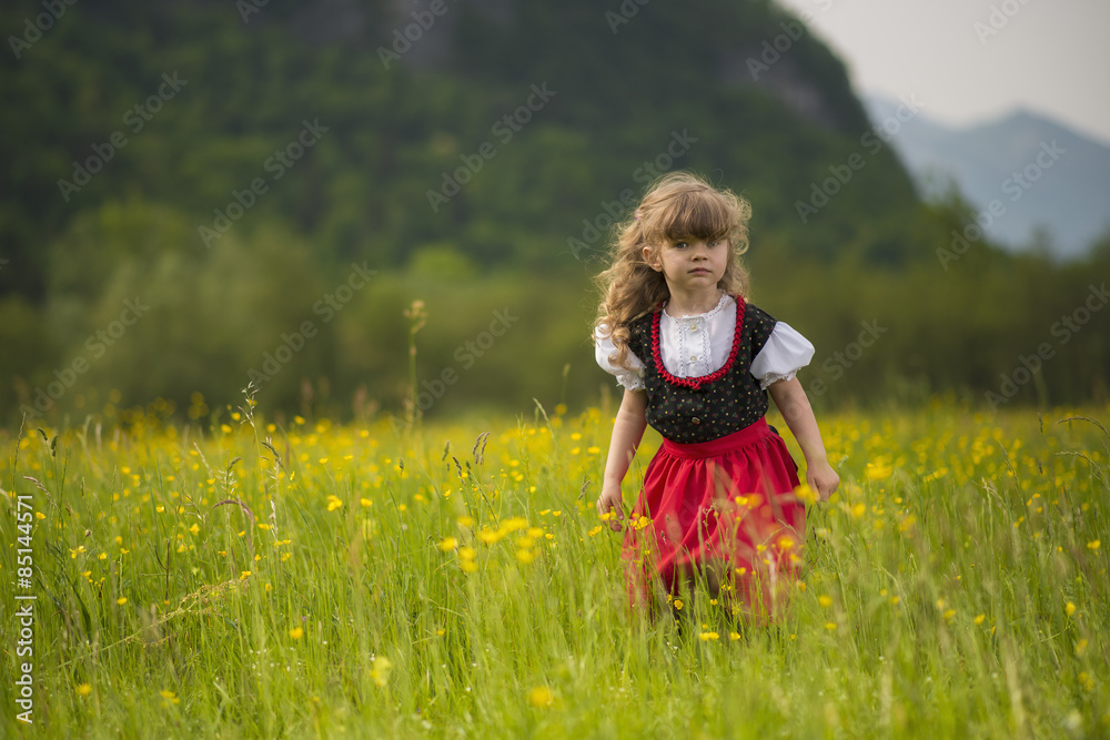Bambina con abito tradizionale nel campo di fiori