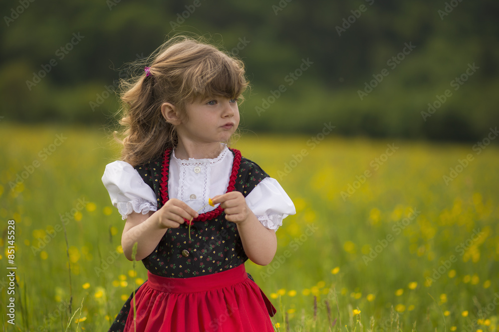 Bambina con abito tradizionale nel campo di fiori