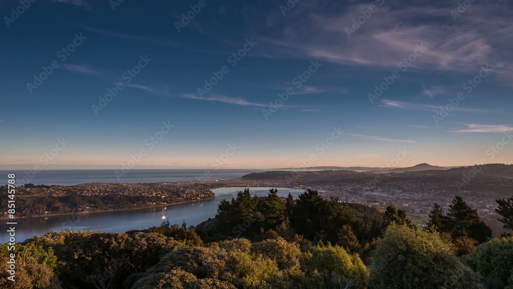 Sunset Day to Night Time Lapse of the city of Dunedin, New Zealand