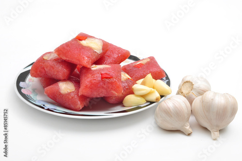 Quadro em tela Vietnamese Fermented Pork Roll or Nem lai Vung on a white background