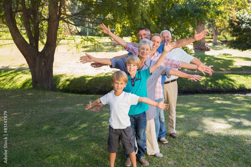 Fototapeta premium Happy family with arms outstretched in the park 