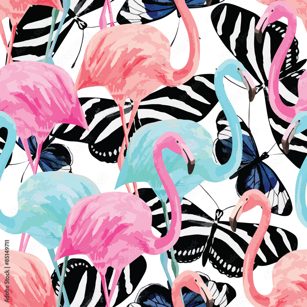 Naklejka premium flamingo and butterflies pattern