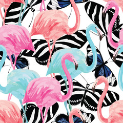 Fototapete Flamingomuster Flamingos und Schmetterlinge Pastellmuster  © berry2046