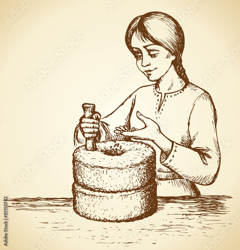 Girl grinds grain at mill. Vector drawing