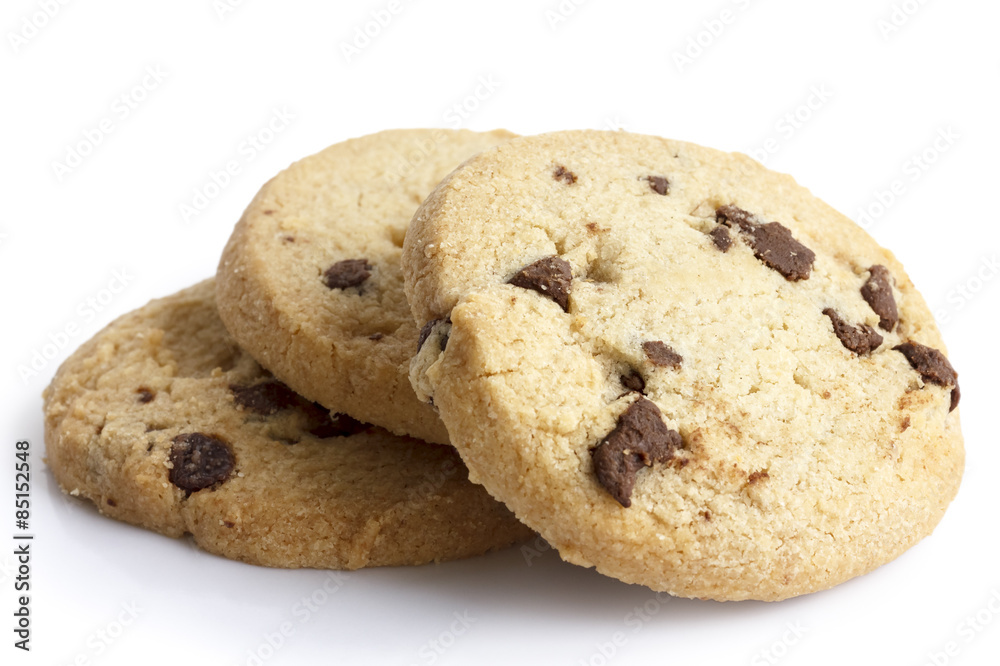 Round chocolate chip shortbread biscuits. On white. Round chocolate chip shortbread biscuits. On white.