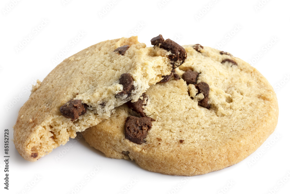 Isolated round chocolate chip shortbread biscuits. Broken piece. Isolated round chocolate chip shortbread biscuits. Broken piece.