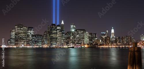 Tribute in Light searchlights illuminating Downtown Manhattan on 9/11, Manhattan, New York, USA