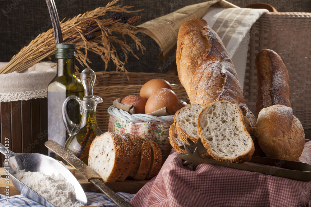 bread set scene showing many kind of bread put in basket together