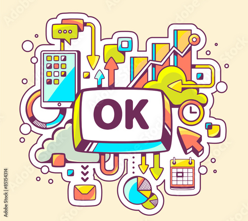 Vector colorful illustration of business processes and OK button