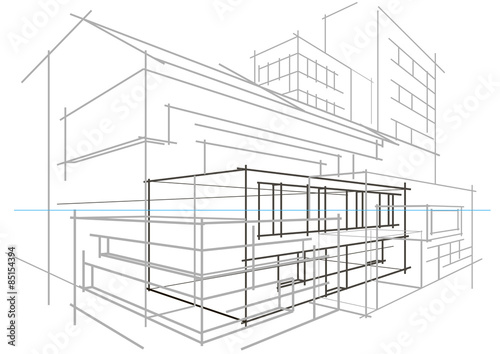 Linear architectural sketch concept abstract building light grey