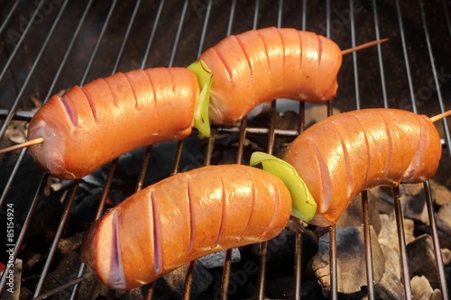 Photography Tasty Sausages On The Hot Barbecue Charcoal Grill Close-up