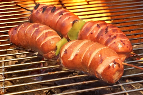 Photography Fatty Sausages On The Hot Barbecue Flaming Charcoal Grill
