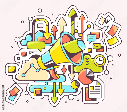 Vector color illustration of megaphone and documents on light ba