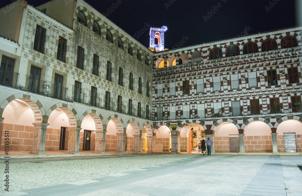 High square at night (Plaza Alta, Badajoz), Spain