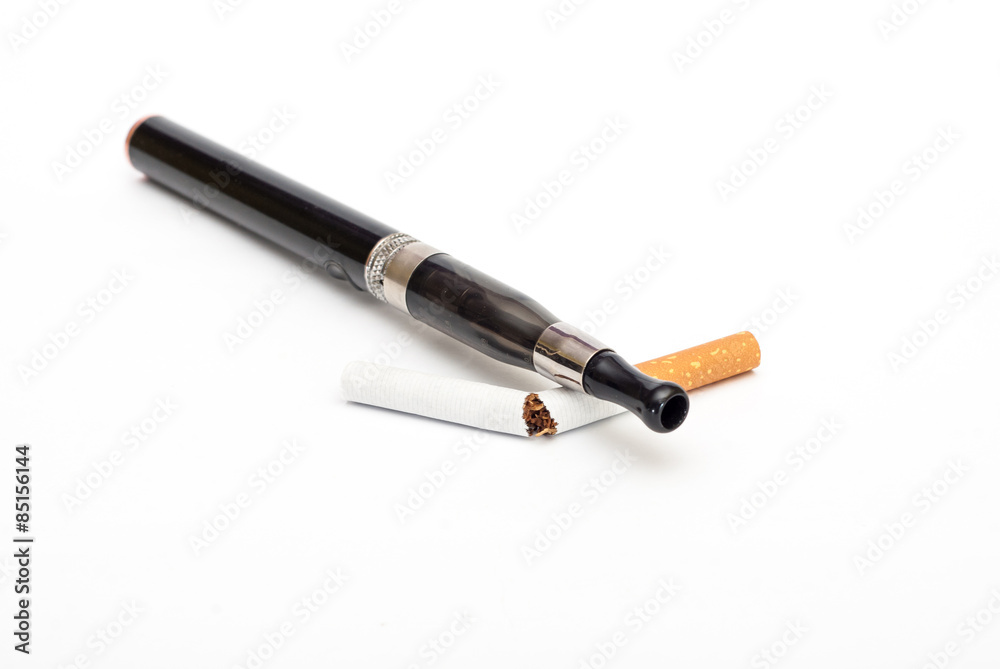 Electronic Cigarette and cigarette against white background Electronic Cigarette and cigarette against white background