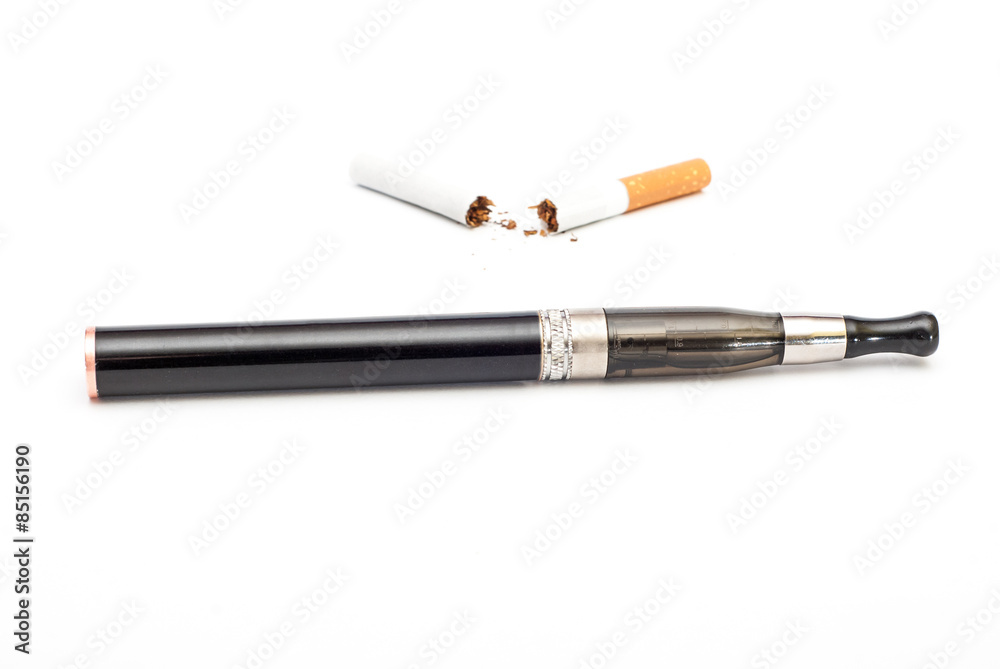Electronic Cigarette and cigarette against white background Electronic Cigarette and cigarette against white background