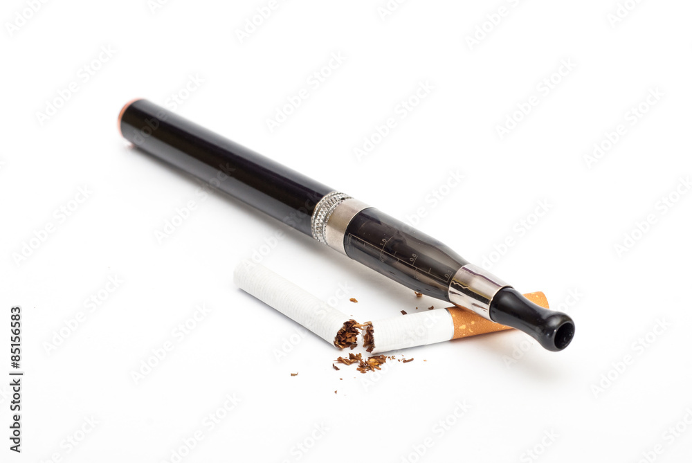 Electronic Cigarette and cigarette against white background Electronic Cigarette and cigarette against white background