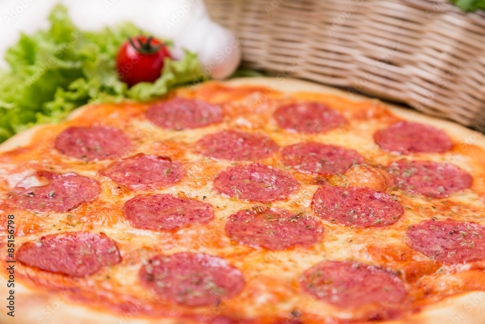 hot pizza with garnish and components hot pizza with garnish and components