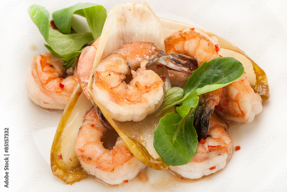close-up hot dish roaster shrimp with vegetables close-up hot dish roaster shrimp with vegetables