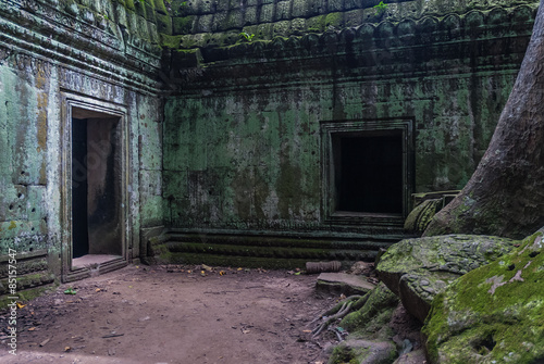 patio of a temple in ruins with tree  spung  inside the archaeological ta prohm place in siam reap  cambodia